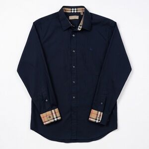 Burberry Men’s Navy Stretch Cotton Button-Down Shirt – Size Large